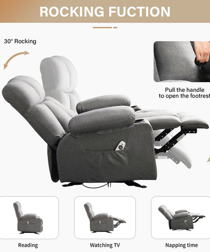 JONPONY Manual Recliner Chair with Heat Therapy and Massage Function, Heavy Duty Reclining Mechanism Massage Chair, Elderly Single Rocker Sofa with Cup Holders for Bedroom Home Theater,Grey