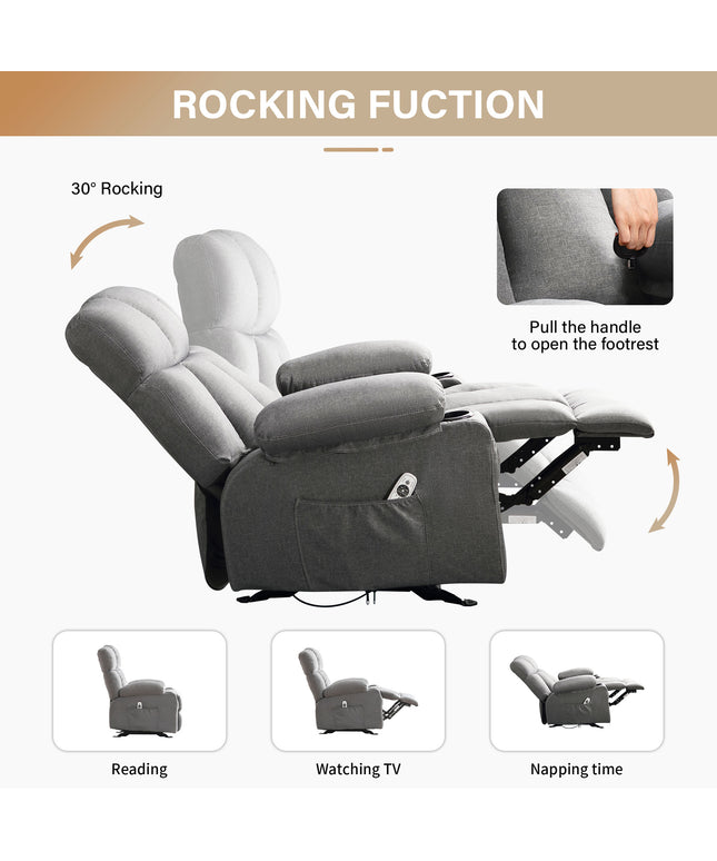 JONPONY Manual Recliner Chair with Heat Therapy and Massage Function, Heavy Duty Reclining Mechanism Massage Chair, Elderly Single Rocker Sofa with Cup Holders for Bedroom Home Theater,Grey