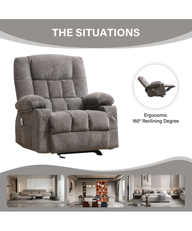 JONPONY Recliner Chair, Swivel Rocker Recliner Chair for Adults, Upholstered Manual Recliner with Side Pockets,Massage Swivel Rocker Recliner Chair for Living Room, Grey