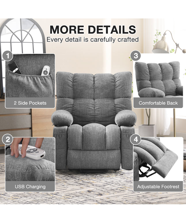 JONPONY Power Lift Recliner Chair for Elderly with Heat and Vibration Massage Recliner Chair with USB Charge Port for Living Room- Infinite Position, Side Pocket,Grey