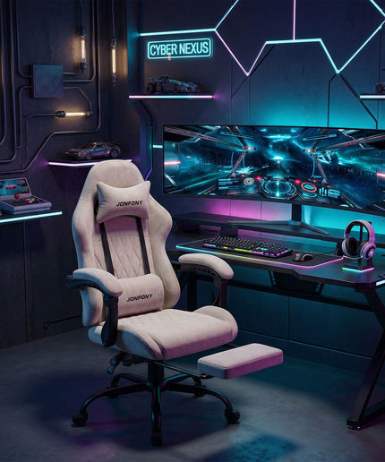 JONPONY Gaming Chair,Gamer Chair with Bluetooth and Adjustable Backrest,Seat Height Adjustable Computer Chairs with 2D Armrests,Office Chair with Footrest Speakers，LIGHT GREY