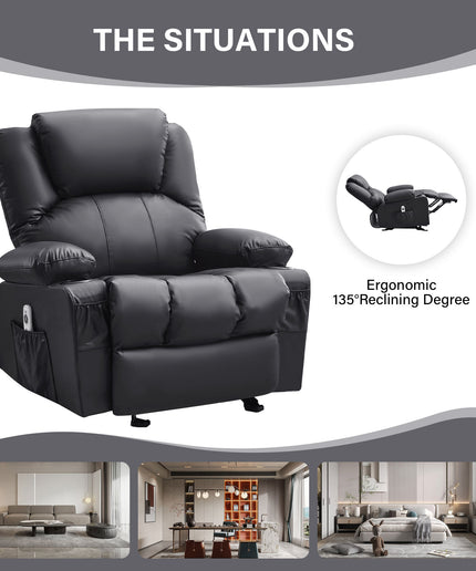 JONPONY Manual Recliner Chair with Heat Therapy and Massage Function, Heavy Duty Reclining Mechanism Massage Chair, Elderly Single Rocker Sofa with Cup Holders for Bedroom Home Theater,Black