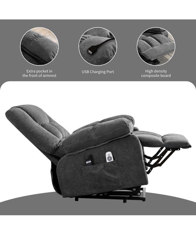 JONPONY Power Lift Recliner Chair for Elderly with Heat and Massage, Lay Flat Assist Recliner with Side Pocket for Living Room，Grey