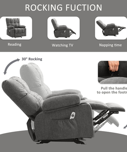 JONPONY Recliner Chair, Swivel Rocker Recliner Chair for Adults, Upholstered Manual Recliner with Side Pockets,Elderly Single Rocker Sofa with Cup Holders for Bedroom Home Theater,Grey