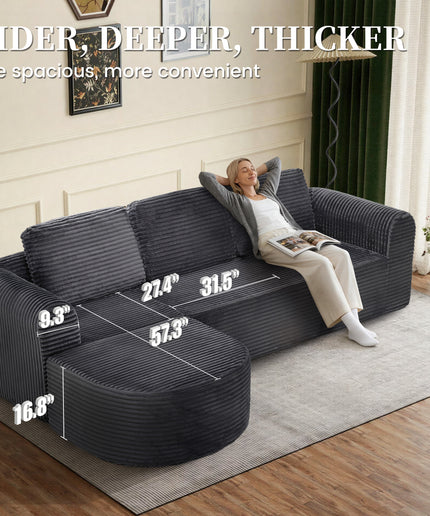Jonpony 108” Modular Sectional Sofa, Boneless Couches for Living Room, Deep Seat L-Shape Cloud Couch with Chaise, Comfy Sofa Freely Change Configurations No Assembly Required, Soft Plush Corduroy Fabric