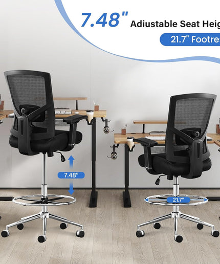 JONPONY 500LBS Drafting Chair, Heavy Duty Office Chair with Adjustable Lumbar Support & Footrest Ring, Comfy Extra Deep Thicken Cushion, Breathable Mesh Standing High Desk Chair with 4D Armrests