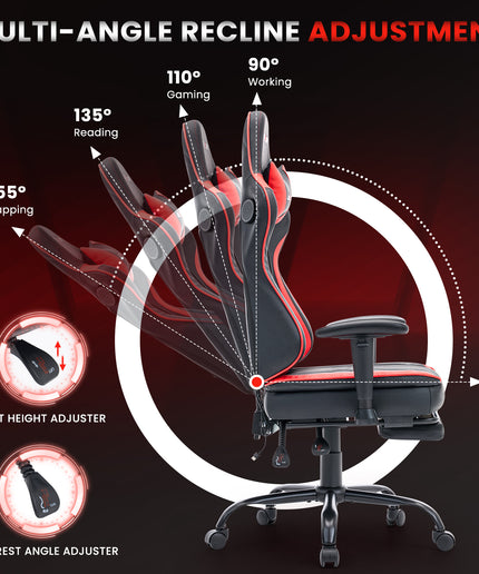 JONPONY Big and Tall 400lbs Gaming Chair with Bluetooth Speakers, Gamer Chair with Footrest and Lumbar Support & 360-Swivel Seat, Ergonomic Gamer Chair with Headrest, Red