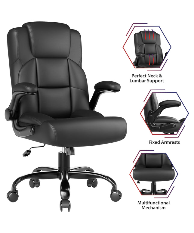 JONPONY Leather Office Chair, Big and Tall Office Chair 400LBS Wide Seat Ergonomic Computer Desk Chair High Back Executive Leather Chair Adjustable Task Chair Lumbar Back with 1-Year Warranty, Black