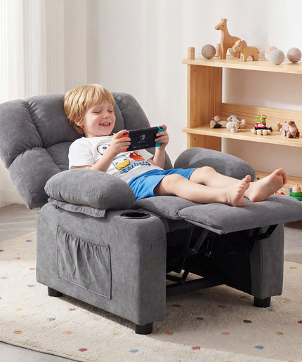 JONPONY Kids Recliner Chair, Push Back Toddler Recliner with Cup Holders & Side Pockets，Adjustable Footrest & Headrest Kids Sofa for Boys Girls 3+ Age Group, Children's Bedroom Furniture, Grey