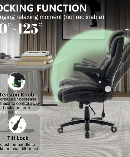 JONPONY Big and Tall Office Chair 500lbs, PU Leather High Back Desk Chair with 5D Flip Arms, Adjustable Headrest & Lumbar Airbag Support, Thick Spring Cushion, Armrests & Wheels, Black