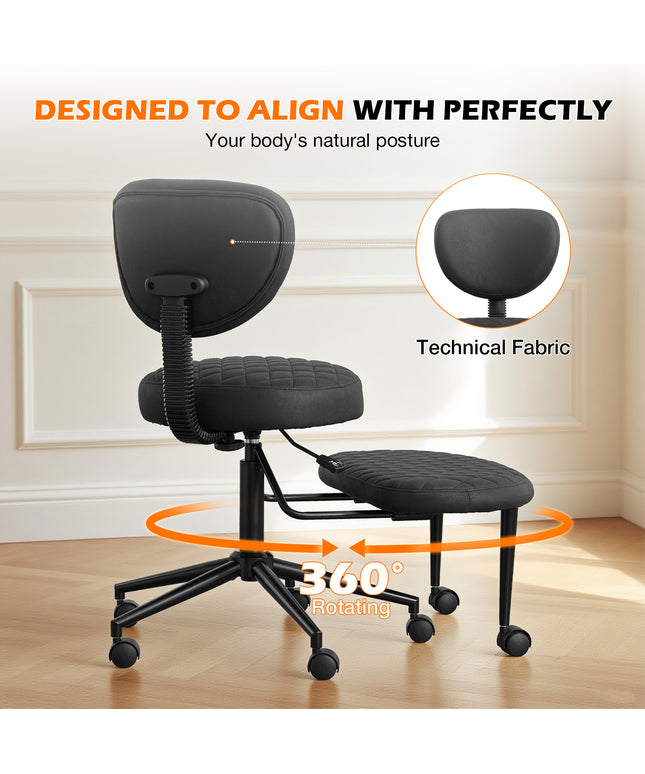 JONPONY Ergonomic Cross Legged Swivel Chair, ADHD Office Chair, Meditation Chair with Lumbar Support, Adjustable Height and Retractable footrest, Home and Office, Technical Fabric, Black