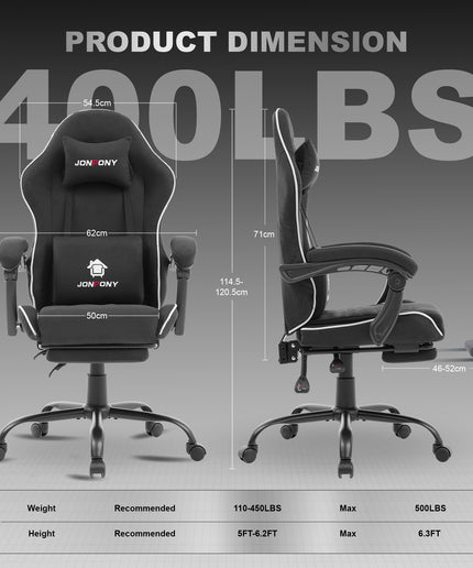 JONPONY Gaming Chair,400LBS Fabric Gamer Chair with footrest for Adults, High Back Ergonomic Computer Game Chair with Adjustable Headrest and Lumbar Support,Black
