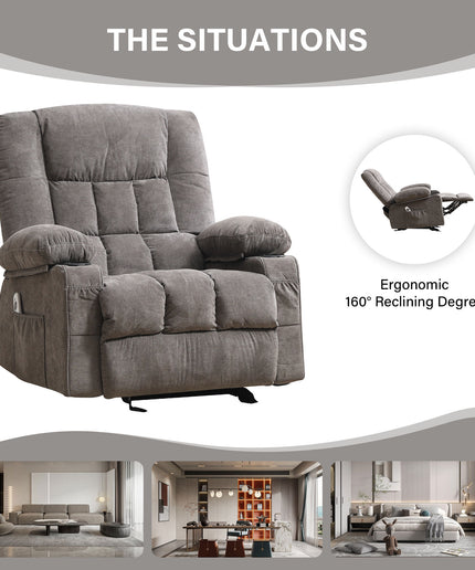 JONPONY Manual Recliner Chair with Heat Therapy and Massage Function, Heavy Duty Reclining Mechanism Massage Chair, Elderly Single Rocker Sofa with Cup Holders for Bedroom Home Theater,Grey