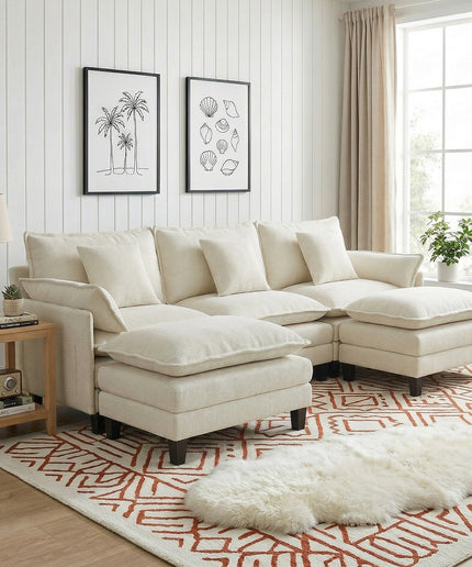 Jonpony Modular Sectional Sofa, Comfy Cloud Couch with Movable Ottoman, Deep Seat Couches for Living Room, Bedroom and Apartment, 106" U Shaped Modern Sofa with Pillows, Beige