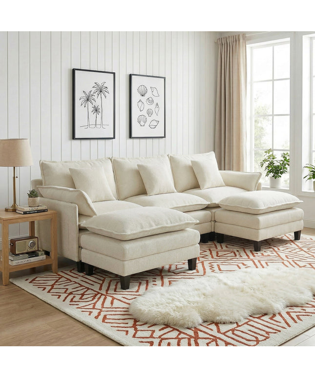 Jonpony Modular Sectional Sofa, Comfy Cloud Couch with Movable Ottoman, Deep Seat Couches for Living Room, Bedroom and Apartment, 106" U Shaped Modern Sofa with Pillows, Beige