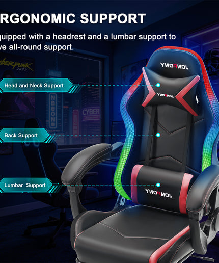 JONPONY Gaming Chair,Racing Style RGB LED Lights,Ergonomic Video Game Chair with Footrest and Lumbar Support ,High Back Reclining Computer Chair for Adults