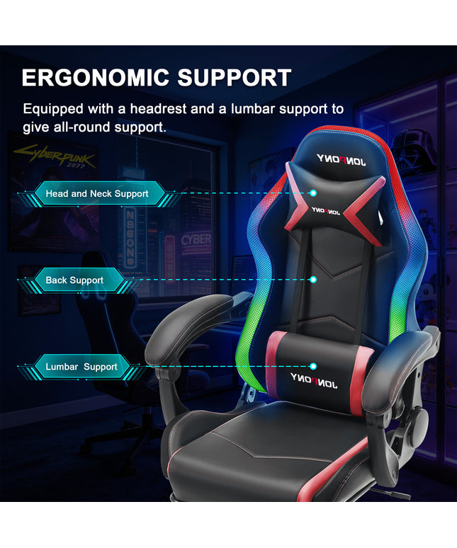 JONPONY Gaming Chair,Racing Style RGB LED Lights,Ergonomic Video Game Chair with Footrest and Lumbar Support ,High Back Reclining Computer Chair for Adults