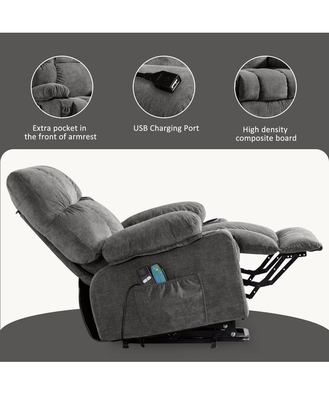 JONPONY Power Lift Recliner Chair Recliners for Elderly with Heat and Massage Recliner Chair for Living Room with Infinite Position and Side Pocket,USB Charge Port,Grey
