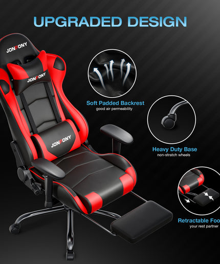 JONPONY Big and Tall 500LBS Gaming Chair, Ergonomic Design, Gamer Chair PU Leather with Footrest and Lumbar Support, High Back Office Chair Support 8 Hours Long Sitting,Red Computer Chair,Red
