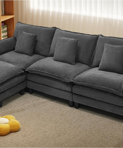 Jonpony Modular Sectional Sofa, Comfy Cloud Couch with Movable Ottoman, Deep Seat Couches for Living Room, Bedroom and Apartment, 106" U Shaped Modern Sofa with Pillows, Beige