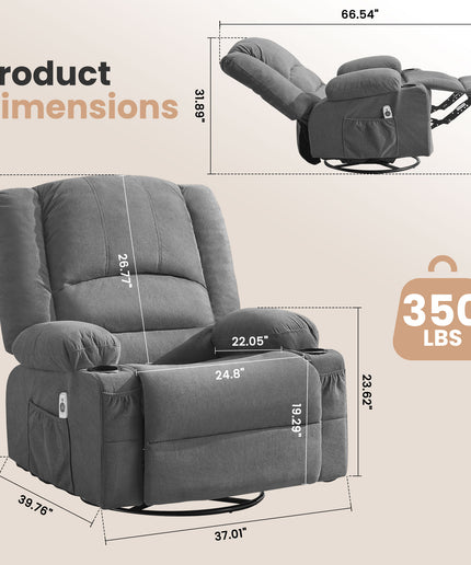 JONPONY Heated Manual Massage Recliner with 360° Swivel Rocker, Comfy Single Sofa with Side Pockets and Cup Holders for Living Room, Bedroom, and Home Theater