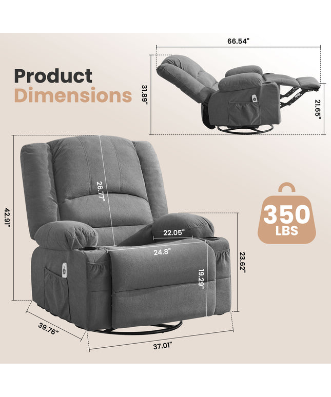 JONPONY Heated Manual Massage Recliner with 360° Swivel Rocker, Comfy Single Sofa with Side Pockets and Cup Holders for Living Room, Bedroom, and Home Theater