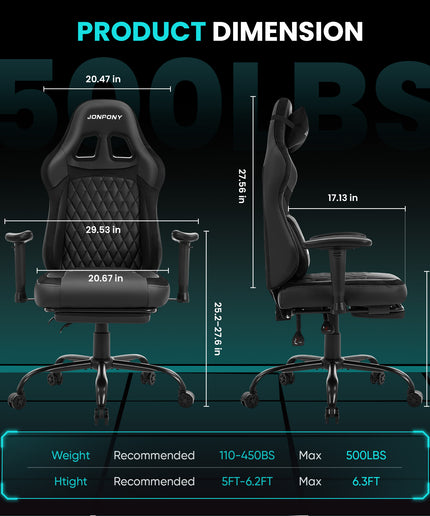 JONPONY Big and Tall 500LBS Ergonomic Gaming Chair, High Back Office Chair with Wide Wingless Seat and Thick Cushion, Comfortable Leather Computer Chair Support Long Sitting,2D Armrests
