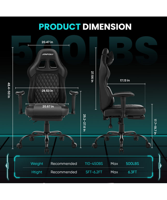 JONPONY Big and Tall 500LBS Ergonomic Gaming Chair, High Back Office Chair with Wide Wingless Seat and Thick Cushion, Comfortable Leather Computer Chair Support Long Sitting,2D Armrests