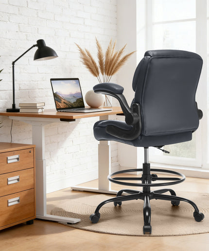 JONPONY Tall Office Chair for Standing Desk, Ergonomic High Leather Executive Office Chair with Flip-up Armrest,and Adjustable Foot Ring for Counter Height Desk,Black