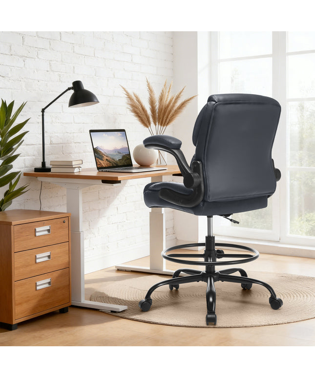 JONPONY Tall Office Chair for Standing Desk, Ergonomic High Leather Executive Office Chair with Flip-up Armrest,and Adjustable Foot Ring for Counter Height Desk,Black
