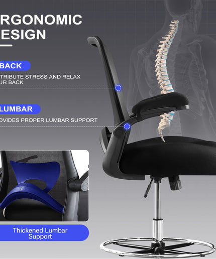 JONPONY 500lbs Tall Drafting Chair for Standing Desk with Flip-up Armrests, Pressure Locking Casters, W-Shape Thicken Cushion, Breathable Mesh Extended Height Office Chairs,Black