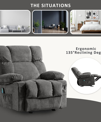 JONPONY Manual Recliner Chair with Heat Therapy and Massage Function, Heavy Duty Reclining Mechanism Massage Chair, Elderly Single Rocker Sofa with Cup Holders for Bedroom Home Theater,Grey