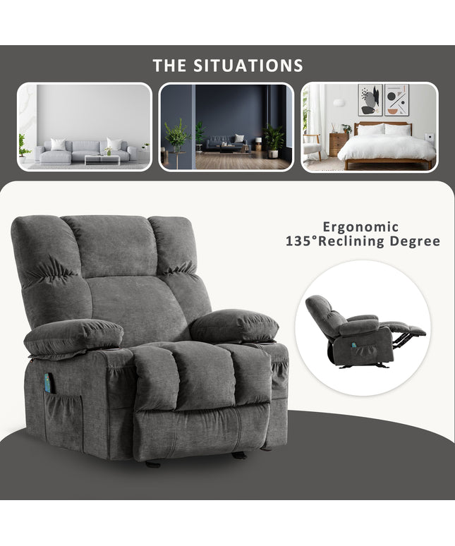 JONPONY Manual Recliner Chair with Heat Therapy and Massage Function, Heavy Duty Reclining Mechanism Massage Chair, Elderly Single Rocker Sofa with Cup Holders for Bedroom Home Theater,Grey
