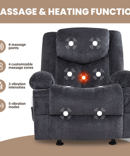 JONPONY Manual Recliner Chair with Heat Therapy and Massage Function, Heavy Duty Reclining Mechanism Massage Chair, Elderly Single Rocker Sofa with Cup Holders for Bedroom Home Theater,Grey