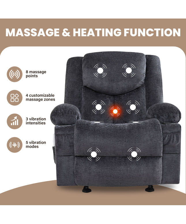 JONPONY Manual Recliner Chair with Heat Therapy and Massage Function, Heavy Duty Reclining Mechanism Massage Chair, Elderly Single Rocker Sofa with Cup Holders for Bedroom Home Theater,Grey