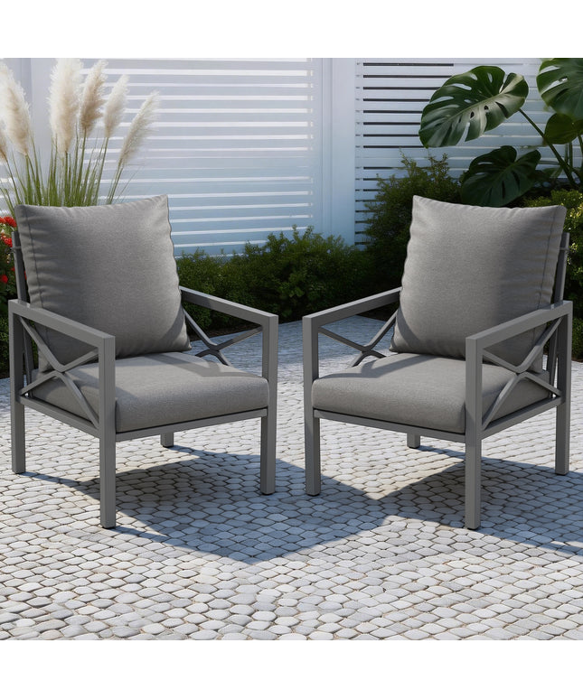 Jonpony 2-Piece All-Weather Metal Patio Furniture Set, Outdoor Bistro Armchairs with Cushions, Heavy Duty Steel Frame & Washable Cushions for Backyard Garden (Grey)