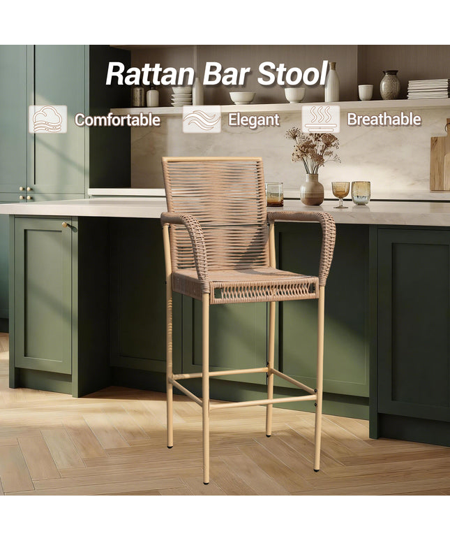 Jonpony Counter Height Bar Stool Set of 2, 30" Patio Rattan Bar Stool Chairs with Armrests, Outdoor Barstools for Porch Garden Indoor Kitchen, Yellow