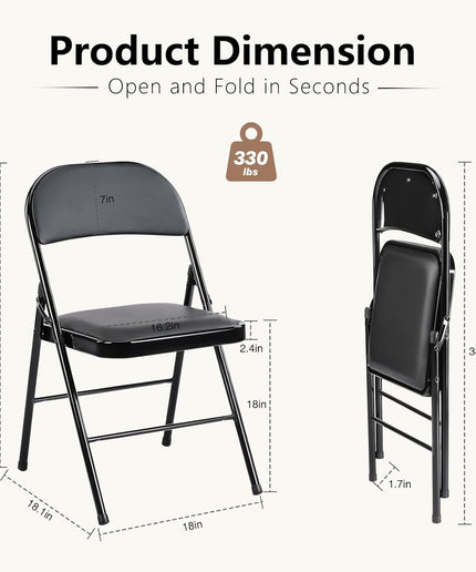 JONPONY 2 Pack Leather Padded Folding Chair, Indoor Outdoor Portable Stackable Commercial Seat with Steel Frame, Capacity for Home, Office, Party, Comfy, Black