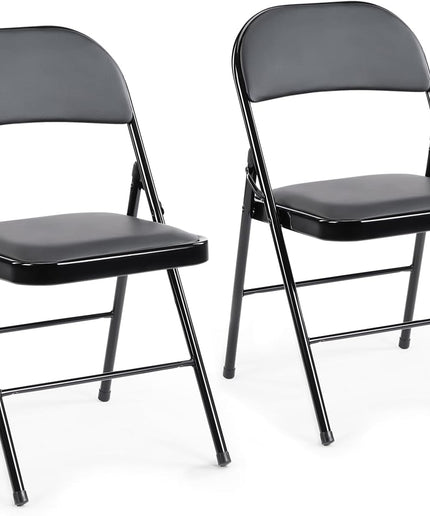 JONPONY 2 Pack Leather Padded Folding Chair, Indoor Outdoor Portable Stackable Commercial Seat with Steel Frame, Capacity for Home, Office, Party, Comfy, Black