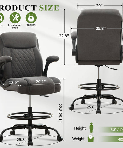 JONPONY Tall Office Chair for Standing Desk, Ergonomic High Office Chair with Adjustable Foot Ring, Flip-Up Armrests, Lumbar Support for Home office ,Dark Gray