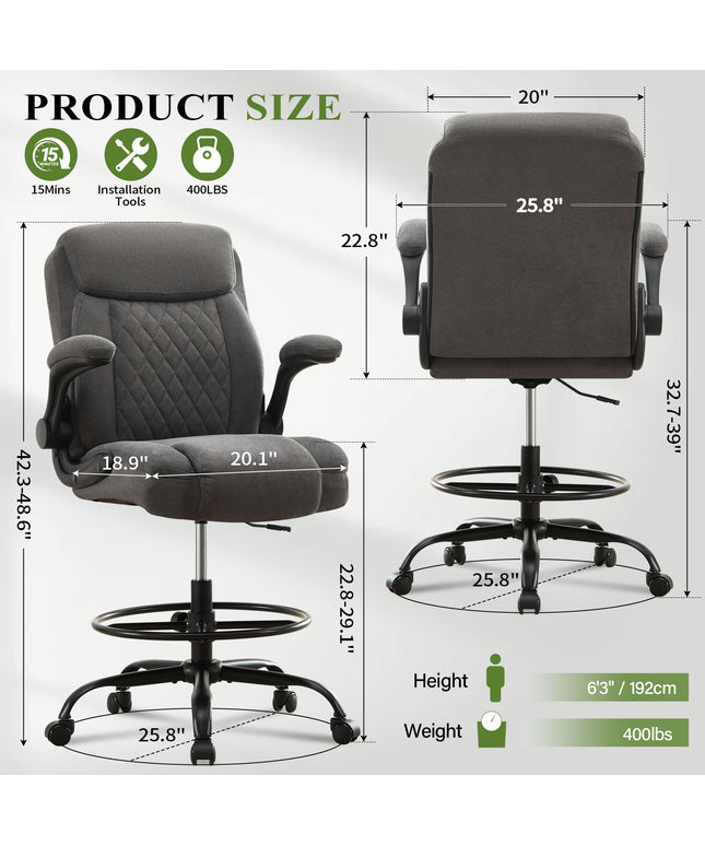 JONPONY Tall Office Chair for Standing Desk, Ergonomic High Office Chair with Adjustable Foot Ring, Flip-Up Armrests, Lumbar Support for Home office ,Dark Gray