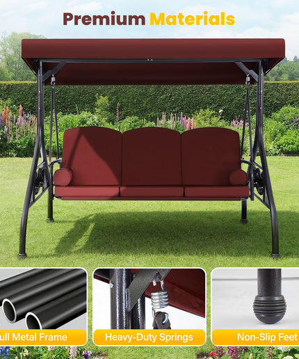 JONPONY 3-Seat Outdoor Patio Swing with Stand 800LBS, 2-in-1 Convertible Swing Bed, Adjustable Canopy Removable Cushion for Yard Garden Deck