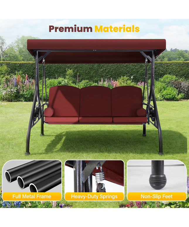 JONPONY 3-Seat Outdoor Patio Swing with Stand 800LBS, 2-in-1 Convertible Swing Bed, Adjustable Canopy Removable Cushion for Yard Garden Deck