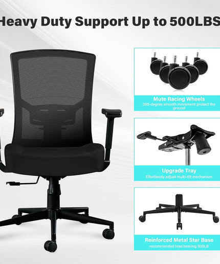 JONPONY Big and Tall Office Chair 500lbs, Ergonomic High Back Computer Desk Chair for with Adjustable Waist Support and Heavy Duty Metal Base Mesh Chair,Black