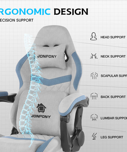 JONPONY Big and Tall Gaming Chair, Computer Chair with Footrest and Massage Lumbar Support, Height Adjustable Game Chair with Headrest and Swivel Seat，GREY