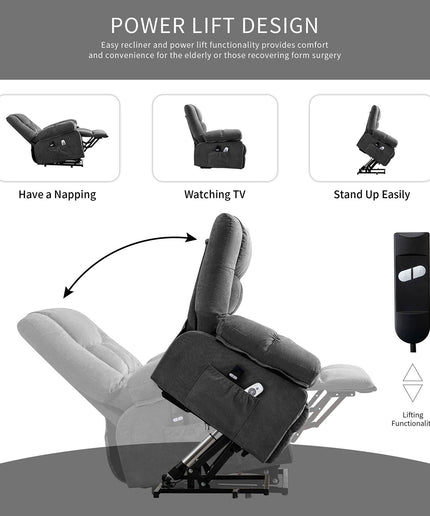 JONPONY Power Lift Recliner Chair for Elderly with Heat and Massage, Lay Flat Assist Recliner with Side Pocket for Living Room，Grey