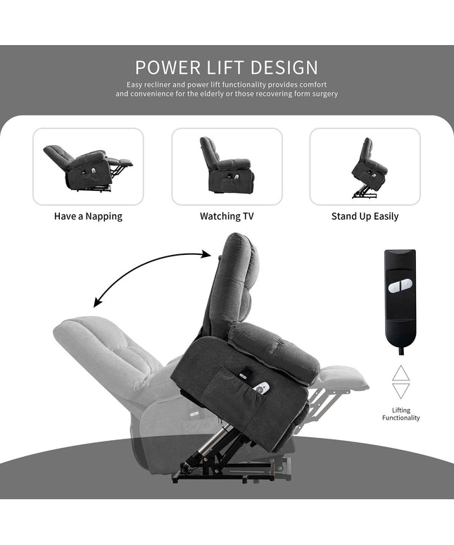 JONPONY Power Lift Recliner Chair for Elderly with Heat and Massage, Lay Flat Assist Recliner with Side Pocket for Living Room，Grey