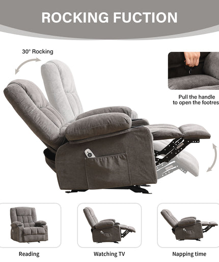 JONPONY Recliner Chair, Swivel Rocker Recliner Chair for Adults, Upholstered Manual Recliner with Side Pockets,Massage Swivel Rocker Recliner Chair for Living Room, Grey