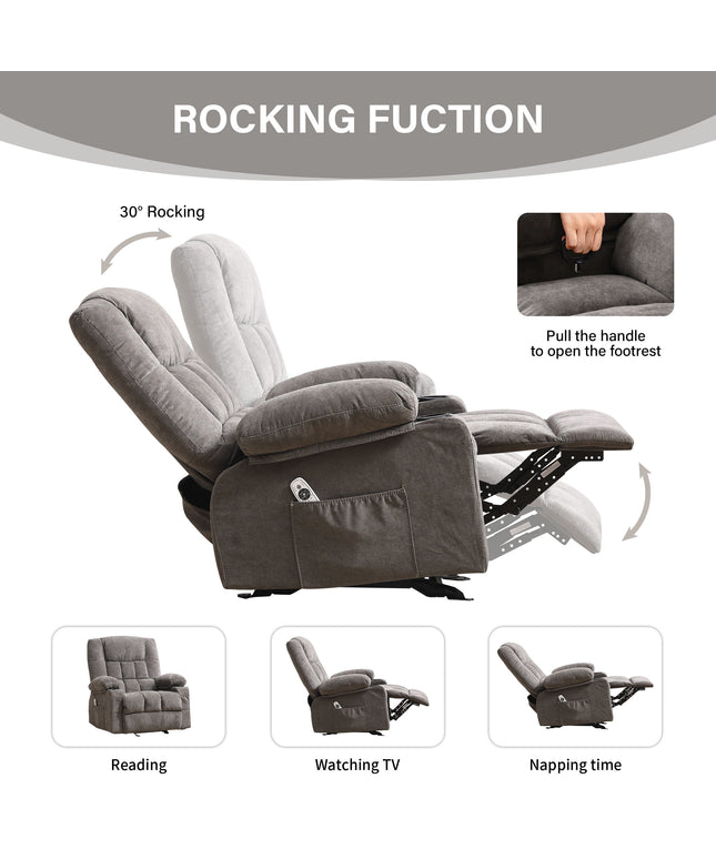 JONPONY Recliner Chair, Swivel Rocker Recliner Chair for Adults, Upholstered Manual Recliner with Side Pockets,Massage Swivel Rocker Recliner Chair for Living Room, Grey