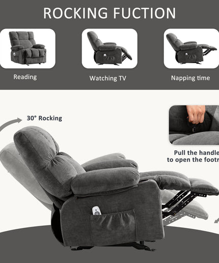 JONPONY Manual Recliner Chair with Heat Therapy and Massage Function, Heavy Duty Reclining Mechanism Massage Chair, Elderly Single Rocker Sofa with Cup Holders for Bedroom Home Theater,Grey
